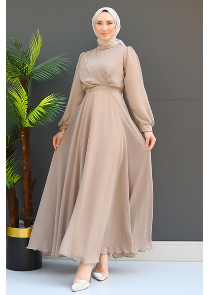 Önü Çapraz Şifon Elbise Vizon