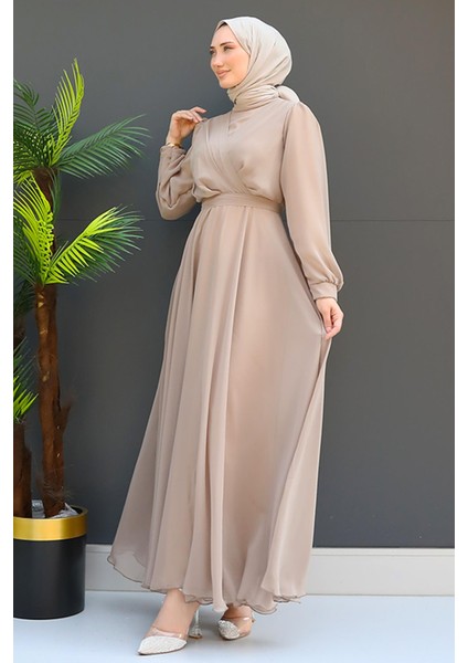 Önü Çapraz Şifon Elbise Vizon modelleri