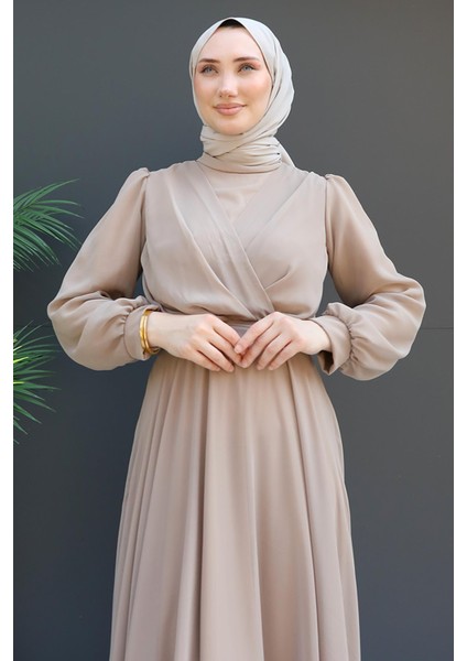 Önü Çapraz Şifon Elbise Vizon indirimleri