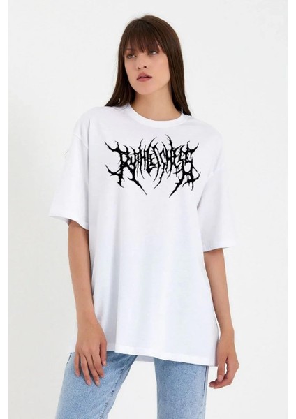 Unisex Bisiklet Yaka Baskılı Oversize T-Shirt - Beyaz