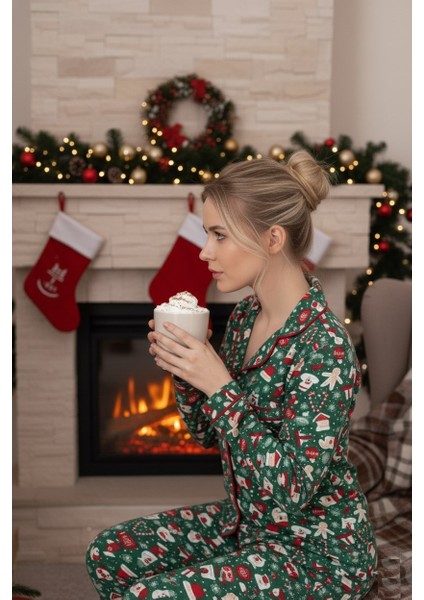 Kadın Noel Desen Mevsimlik Pamuk Likra Göğüs Cepli Boydan Önden Düğmeli Uzun Kol Pijama Takımı indirimleri
