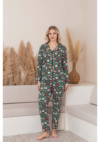 Kadın Noel Desen Mevsimlik Pamuk Likra Göğüs Cepli Boydan Önden Düğmeli Uzun Kol Pijama Takımı