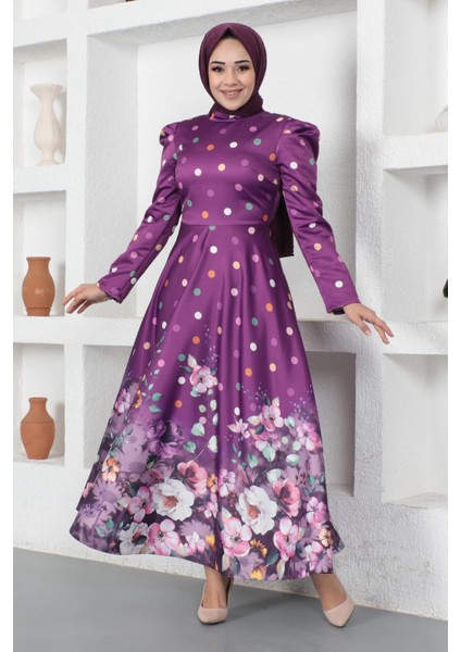 Çiçekli Puantiyeli Saten Abiye Mürdüm MSW12251-1