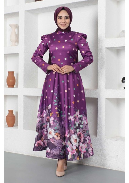 Çiçekli Puantiyeli Saten Abiye Mürdüm MSW12251-1 modelleri