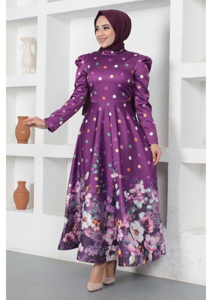 Çiçekli Puantiyeli Saten Abiye Mürdüm MSW12251-1 fırsatları