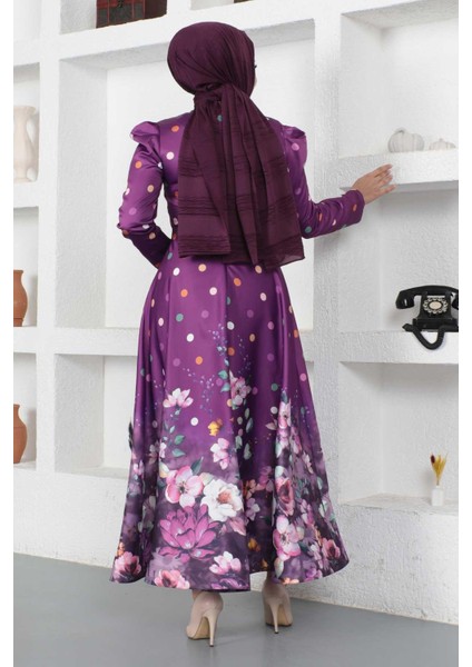 Çiçekli Puantiyeli Saten Abiye Mürdüm MSW12251-1 indirimleri