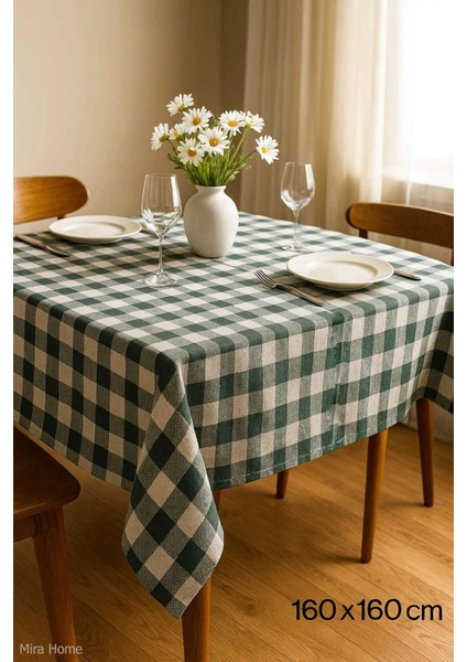 Fiber Kareli Masa Örtüsü Sofra Bezi Ekose Desen 160X160 cm Yeşil
