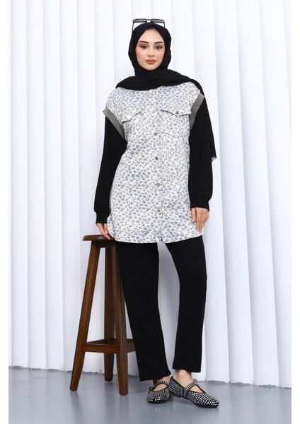 Siyah Tunik Yelek Pantolon Üçlü Takım