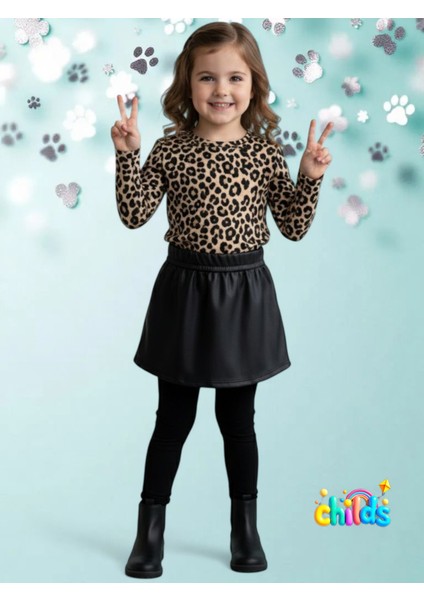 Alt Üst Takım Leopar Uzun Kol Üst Parlak Içi Tüylü Deri Görünümlü Siyah Mini Etek fiyatları