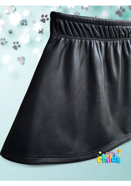 Alt Üst Takım Leopar Uzun Kol Üst Parlak Içi Tüylü Deri Görünümlü Siyah Mini Etek