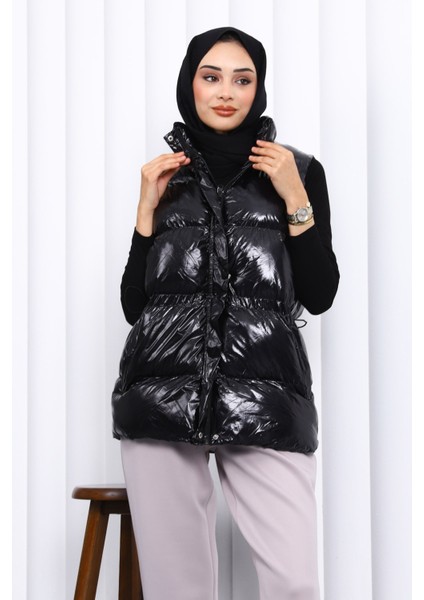 Siyah Bel Lastikli Çift Cepli Şişme Yelek modelleri