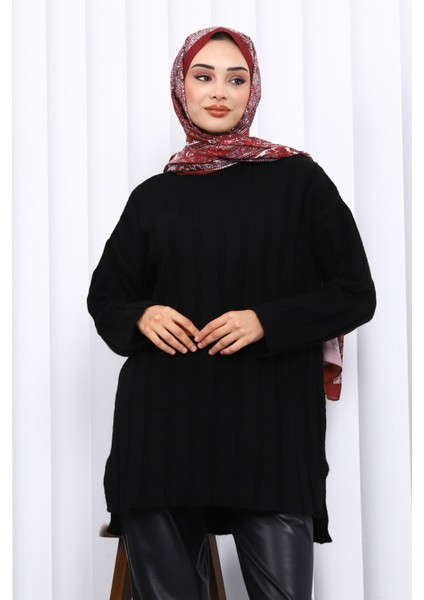 Siyah Yan Yırtmaçlı Fitilli Triko Tunik