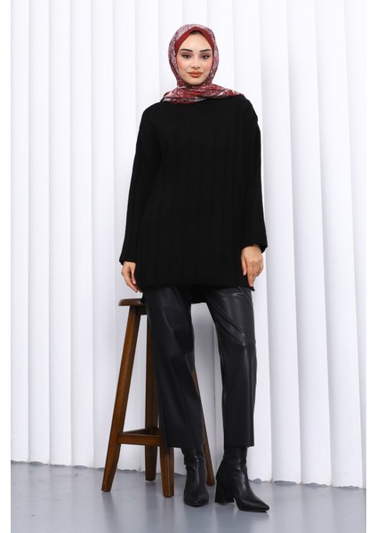 Siyah Yan Yırtmaçlı Fitilli Triko Tunik fiyatları