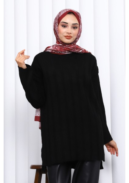 Siyah Yan Yırtmaçlı Fitilli Triko Tunik modelleri