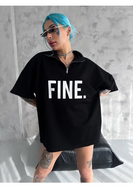 Unisex Baskılı Yarım Fermuarlı T-Shirt - Siyah fiyatları