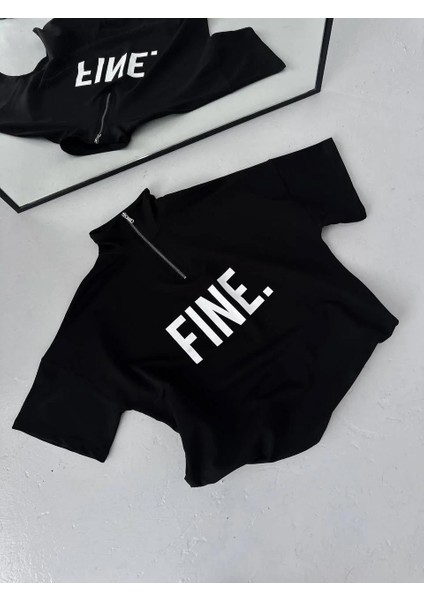 Unisex Baskılı Yarım Fermuarlı T-Shirt - Siyah modelleri