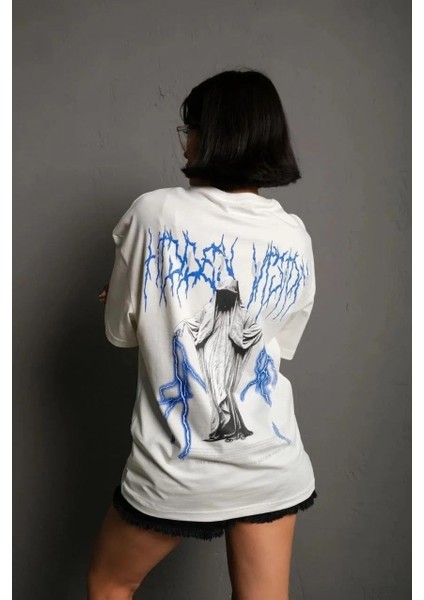 Unisex Bisiklet Yaka Baskılı Oversize T-Shirt - Beyaz fiyatları