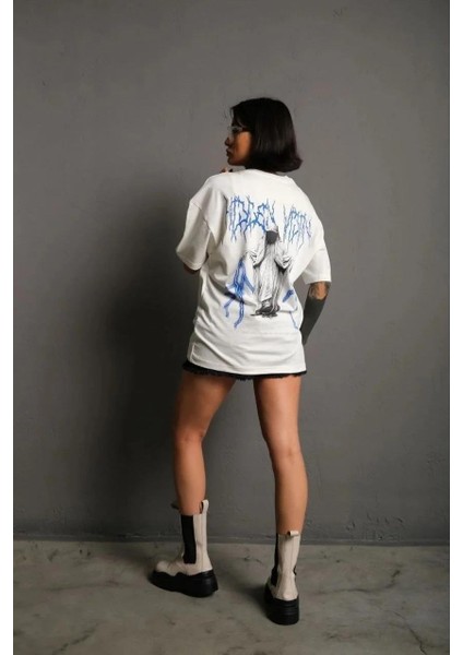 Unisex Bisiklet Yaka Baskılı Oversize T-Shirt - Beyaz modelleri