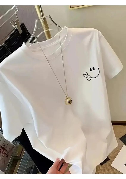 20/1 Penye Compack Gülücük Baskılı Oversize Bisiklet Yaka Kısa Kol Yazlık T-Shirt - Beyaz fiyatları