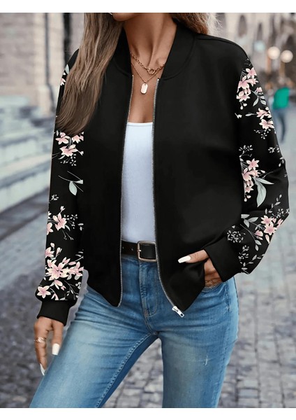 Siyah Çiçek Desenli 3 Iplik Bomber Ceket – Fermuarlı Mevsimlik Şık Model fiyatları