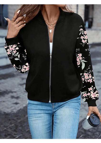 Siyah Çiçek Desenli 3 Iplik Bomber Ceket – Fermuarlı Mevsimlik Şık Model modelleri