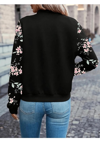 Siyah Çiçek Desenli 3 Iplik Bomber Ceket – Fermuarlı Mevsimlik Şık Model fırsatları