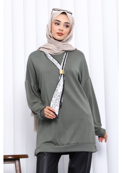 Haki Fular Aksesuarlı Modal Tunik