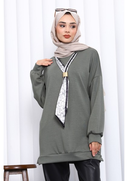 Haki Fular Aksesuarlı Modal Tunik modelleri