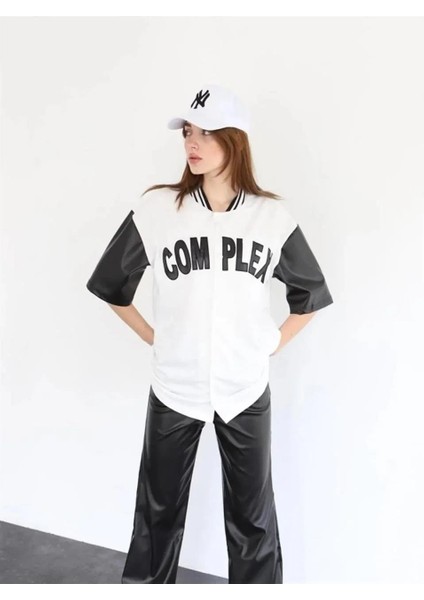 Kadın Complex Kolları Deri Kolej Oversize T-Shirt - Beyaz fiyatları