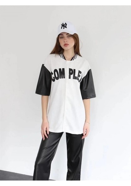 Kadın Complex Kolları Deri Kolej Oversize T-Shirt - Beyaz modelleri