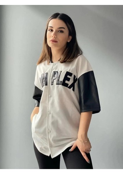 Kadın Complex Kolları Deri Kolej Oversize T-Shirt - Beyaz indirimleri