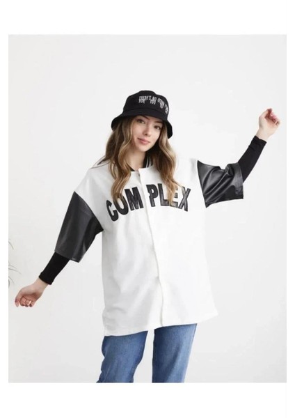 Kadın Complex Kolları Deri Kolej Oversize T-Shirt - Beyaz