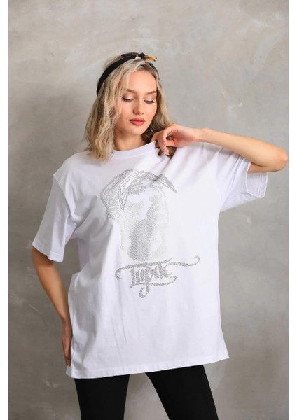 Unisex Taş Desenli Oversize T-Shirt - Beyaz fırsatları