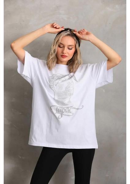 Unisex Taş Desenli Oversize T-Shirt - Beyaz