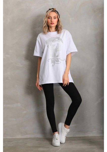 Unisex Taş Desenli Oversize T-Shirt - Beyaz