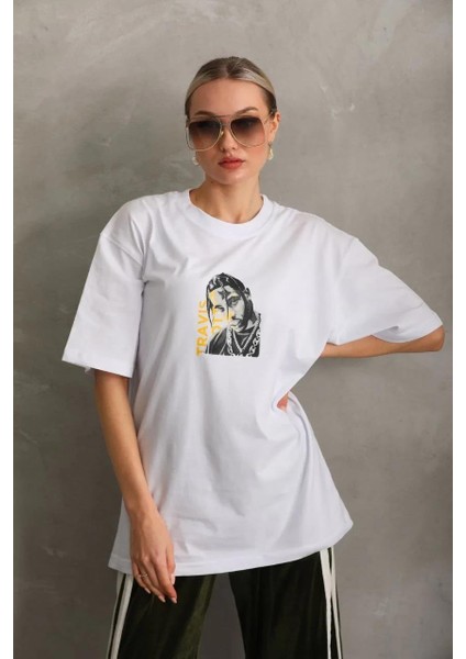 Unisex Baskılı Oversize T-Shirt - Beyaz fiyatları