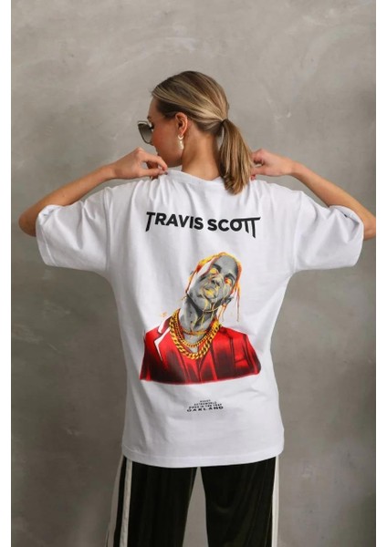 Unisex Baskılı Oversize T-Shirt - Beyaz indirimleri