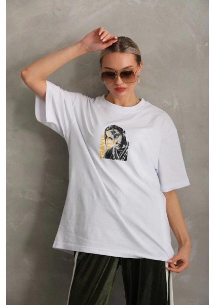 Unisex Baskılı Oversize T-Shirt - Beyaz