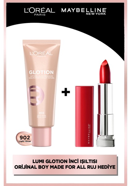 glotion All-In-One Doğal Işıltı 902 - Light Glow & Maybelline Color Sensational Made For All 385 Ruby For Me Mat Ruj