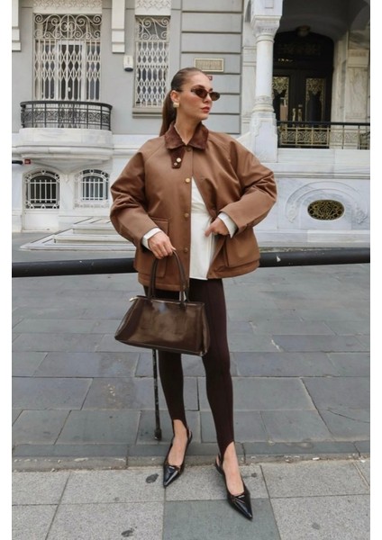 Kadın Kahverengi Kadife Yaka Dolgulu Çift Cepli Ceket