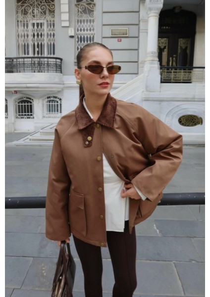 Kadın Kahverengi Kadife Yaka Dolgulu Çift Cepli Ceket modelleri