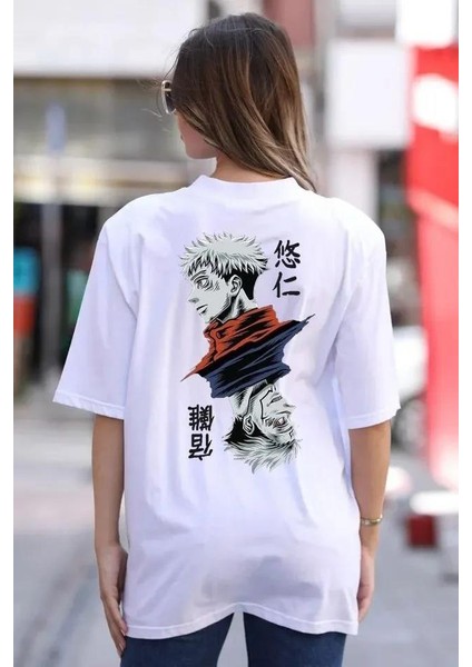 Unisex Bisiklet Yaka Baskılı Oversize T-Shirt - Beyaz fiyatları