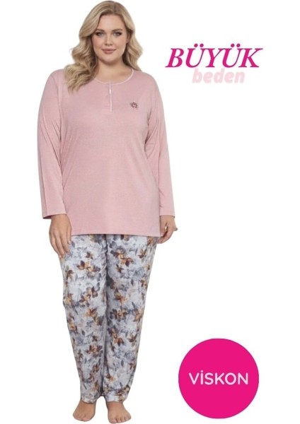 Kadın Çiçek Desen 3 Düğme Likralı Viskon Mevsimlik Büyük Beden Uzun Kol Pijama Takımı
