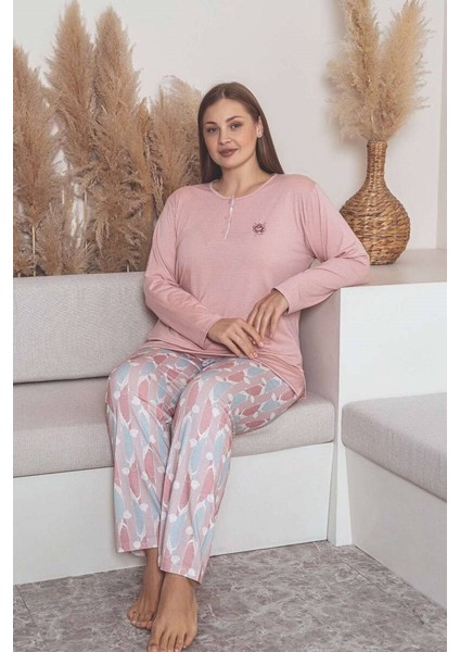 Kadın Çiçek Desen 3 Düğme Likralı Viskon Mevsimlik Büyük Beden Uzun Kol Pijama Takımı modelleri