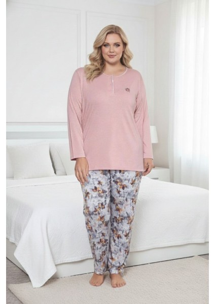 Kadın Çiçek Desen 3 Düğme Likralı Viskon Mevsimlik Büyük Beden Uzun Kol Pijama Takımı fırsatları