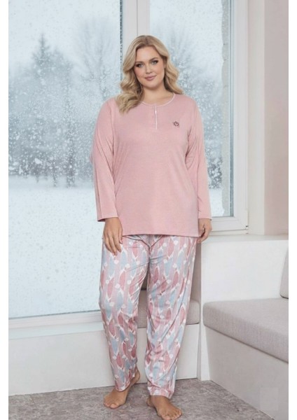 Kadın Çiçek Desen 3 Düğme Likralı Viskon Mevsimlik Büyük Beden Uzun Kol Pijama Takımı indirimleri