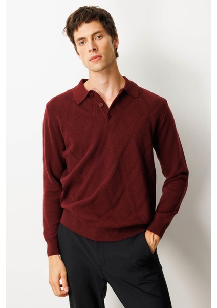 Erkek Polo Yaka Hasır Örgü Baklava Yürütmeli Yün Kazak Bordo