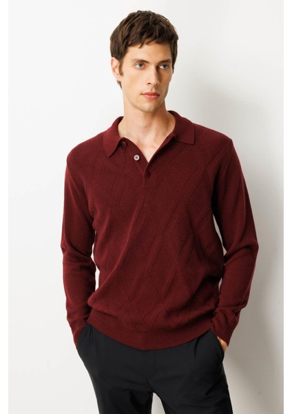Erkek Polo Yaka Hasır Örgü Baklava Yürütmeli Yün Kazak Bordo fırsatları