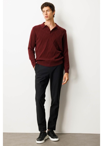 Erkek Polo Yaka Hasır Örgü Baklava Yürütmeli Yün Kazak Bordo indirimleri