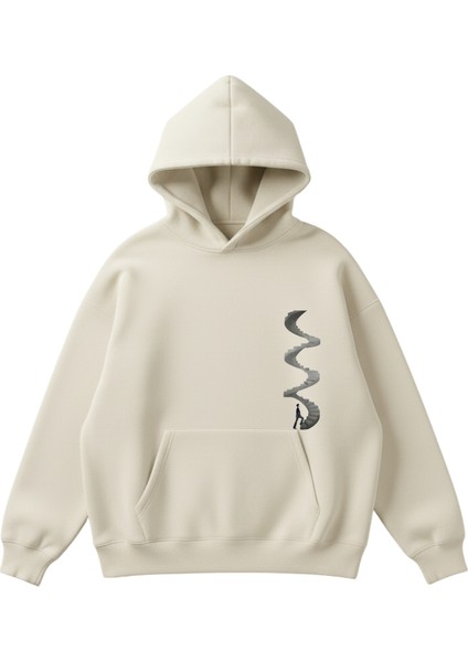 Kalbe Çıkan Merdiven Baskılı Unisex Boxy Fit Hoodie Sweatshirt